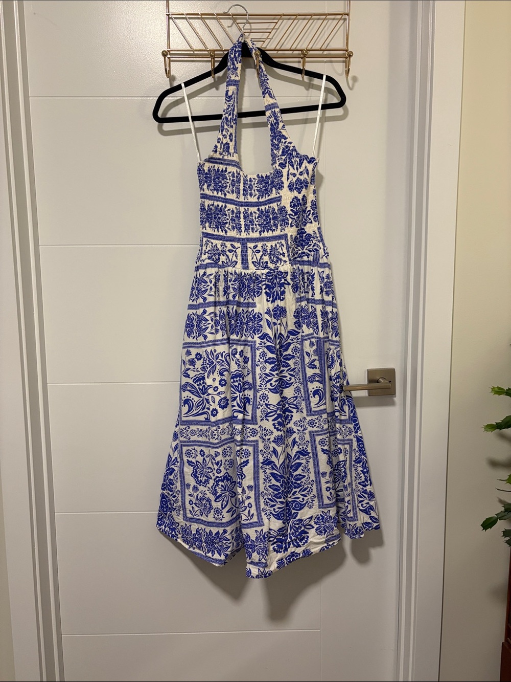 Blue and White Halter Midi Dress with Floral Tile Print